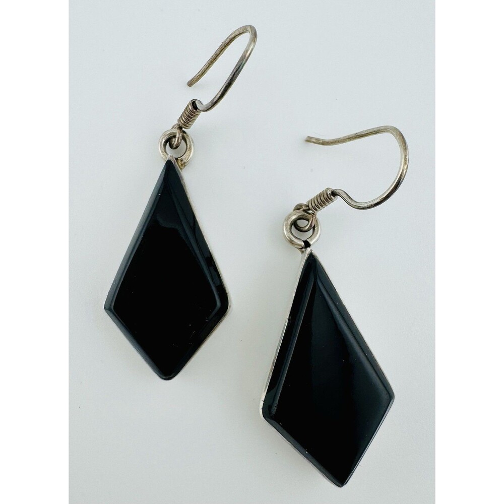 Vintage Taxco 925 Sterling Silver Obsidian Diamond Shape Drop Earrings 2”
